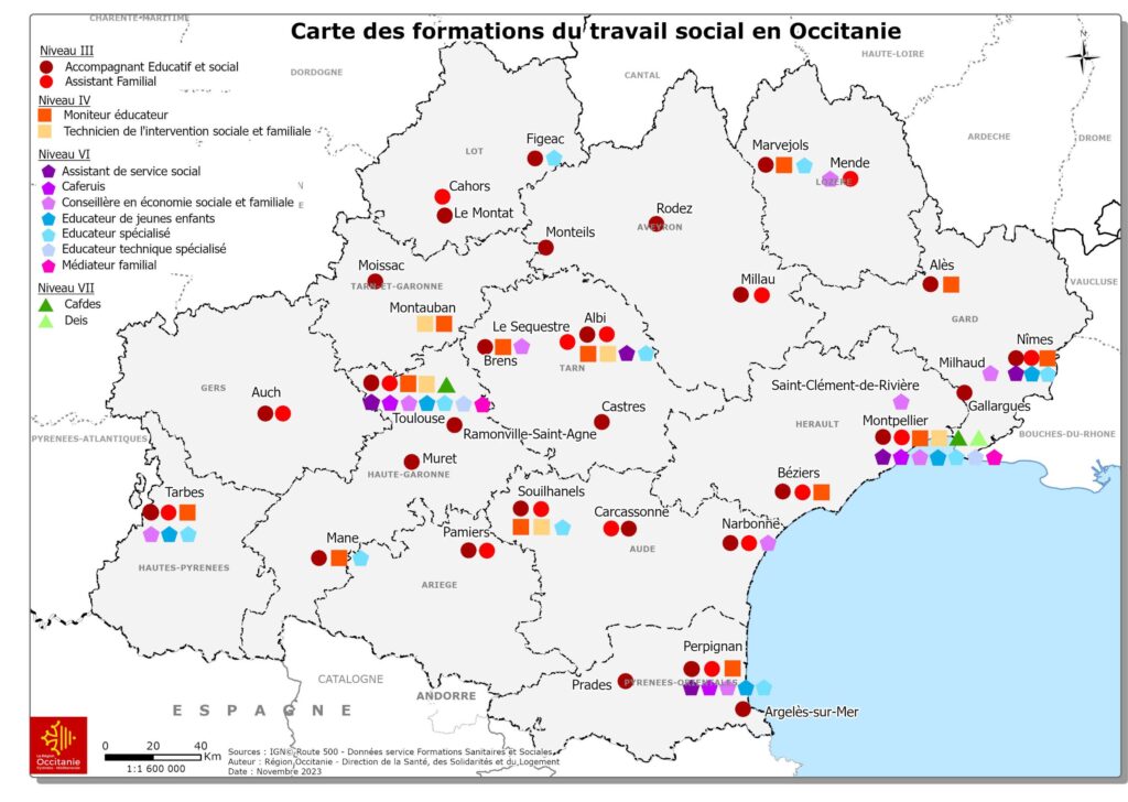 La carte des formations sanitaires et sociales en occitanie